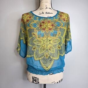 ANGIE Bohemian Mandala Print Mesh Blouse - Teal & Gold - Size L